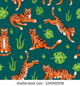 Seamless pattern with tigers in different poses and tropical plants. Vector illustration for textile, Wallpaper, packaging or other.