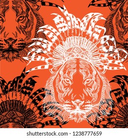 Seamless pattern with tigers ethnic headdress. Tiger in a rouche. Draft drawing, stylish press, ethnic press. Background with animals.
