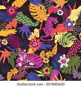 seamless pattern with tigers, flowers and tropical leaves, vector design for paper, fabric and other surface