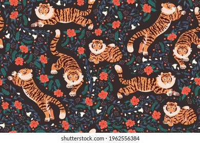 Seamless pattern with tigers and flowers. Vector graphics.