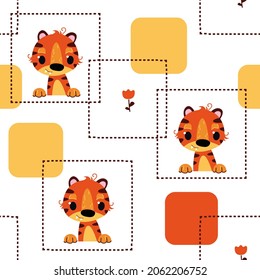 Seamless pattern with tigers and geometric abstract shapes. The symbol of 2022. Cute animal with a smile. Vector illustration in cartoon children s style.