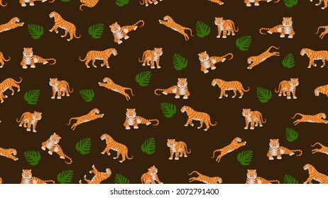 Seamless pattern with tigers and green leaves on a brown background. Vector illustration