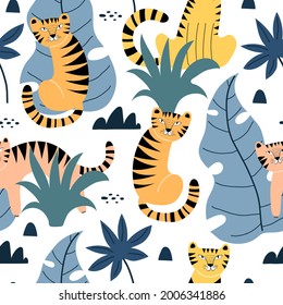 Seamless pattern with tigers, leaves, decor elements. colorful vector for kids. hand drawing, flat style. baby design for fabric, print, textile, wrapper