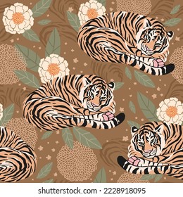 Seamless pattern of tigers, leaves, and flowers. Beige modern illustration. For wrapping paper, fabric, and wallpaper.
