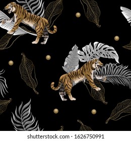 Seamless pattern with tigers and leaves. Vector.