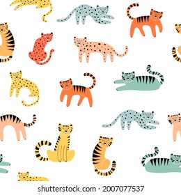Seamless pattern with tigers, leopards. colorful vector for kids. hand drawing, flat style. baby design for fabric, print, textile, wrapper