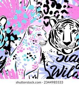 Seamless pattern with tigers, leopards, palm leaves, animal print. Creative texture for fabric, wrapping, textile, wallpaper, apparel. Vector illustration background