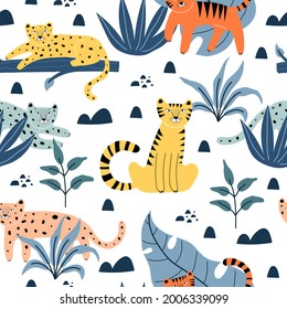 Seamless pattern with tigers, leopards, plants, decor elements. colorful vector for kids. hand drawing, flat style. baby design for fabric, print, textile, wrapper