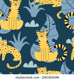 Seamless pattern with tigers, leopards, plants, decor elements. colorful vector for kids. hand drawing, flat style. baby design for fabric, print, textile, wrapper