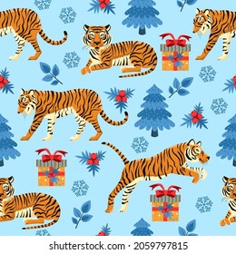Seamless pattern with tigers with New Year's gift, snowflakes, Christmas tree, on a winter background. New year 2022 animals vector. Christmas festive template.