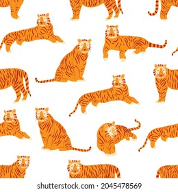 Seamless pattern with tigers. Noble wild striped feline, fast and agile animal. Colorful vector illustration hand drawn. Year of the tiger. White background. Print for wrapping or fabric