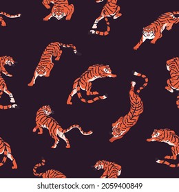 Seamless pattern with tigers on black background. Endless repeating print for decor. Texture design with exotic wild feline striped animal in motion. Printable flat vector illustration for textile