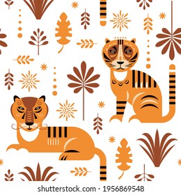 Seamless pattern with tigers on white background