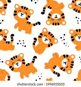 patrón impecable con tigres en un fondo blanco. Diseño de dibujos animados para textiles infantiles