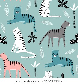 Seamless pattern with tigers, palm branch and tropical background. Creative jungle childish texture. Great for fabric, textile Vector Illustration