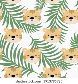 Patrón sin foco con tigres y ramas de palmera. Antecedentes de papel envolvente, textil, carteles, decoración de vivero.