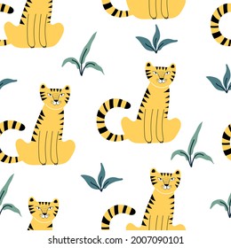 Seamless pattern with tigers, plants. colorful vector for kids. hand drawing, flat style. baby design for fabric, print, textile, wrapper