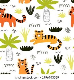 Seamless pattern with tigers, plants, decor elements. colorful vector for kids. hand drawing, flat style. baby design for fabric, print, textile, wrapper