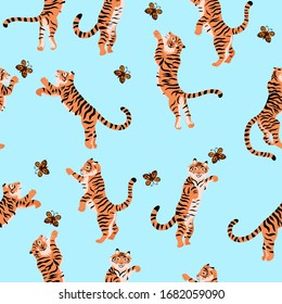 Seamless pattern with tigers playing with butterflies. Vector graphics.