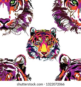 
Seamless pattern with tigers. Pop Art. Stylish colorful background. Summer print. Figure markers.