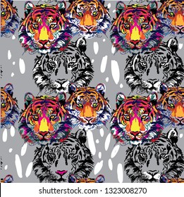 
Seamless pattern with tigers. Pop Art. Stylish colorful background. Summer print. Figure markers.