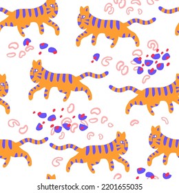 Seamless pattern with tigers and spots vector drawing in childish design for textile, fabric, packaging, cover, wallpaper. Texture for nursery room  design.