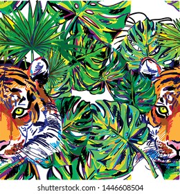 
seamless pattern with tigers. Tiger in the thickets in the jungle. Tropics, summer print.