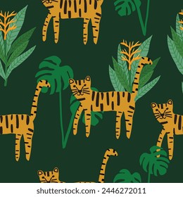 Seamless pattern with tigers and trees in the dark amazon forest on a green background. Suitable for wallpaper Textiles and Prints