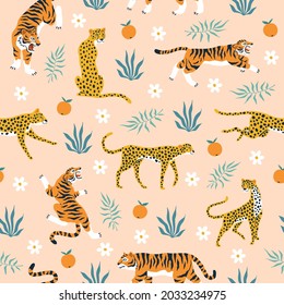 Seamless pattern tigers. Trendy tropical background with wild animals, jaguars, leopards, flowers, modern palm leaves and predators. Decor textile, wrapping paper wallpaper vector print