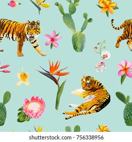 Seamless Pattern with Tigers, Tropical Flowers and Palm Leaves Background in vector