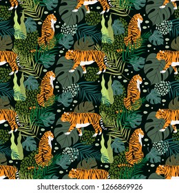 Seamless pattern with tigers and tropical leaves. Trendy style. Hand draw Vector illustration