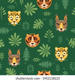 Seamless pattern with tigers and tropical leaves, green background