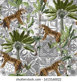 Seamless pattern with tigers and tropical trees. Vector.