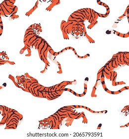 Seamless pattern with tigers white background. Repeating print with wild feline animals. Texture design with Chinese beasts. Endless printable wrapping. Colored flat vector illustration for decoration