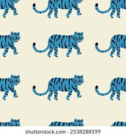 Seamless pattern with tigers white background. Repeating print with wild feline animals. Texture design with Chinese beasts. Endless printable wrapping. Colored flat vector illustration for decoration