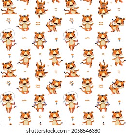 Seamless pattern with tigers who go in for sports and fitness. Cute animal doing yoga. Vector illustration in cartoon childish style.