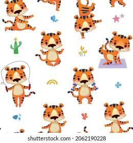 Seamless pattern with tigers who go in for sports. Cute animal doing yoga. Symbol 2022. Vector illustration in cartoon childish style.