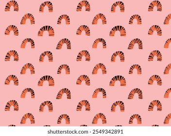 Patrón sin fisuras con arcos de rayas de tigre en naranja y negro sobre un fondo rosa. Diseño atrevido y moderno para textiles, Fondos de pantalla y proyectos decorativos. Ilustración vectorial plana