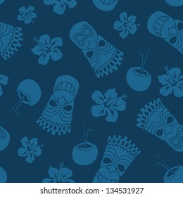 Seamless pattern of tiki, coconut and hibiscus on a blue background