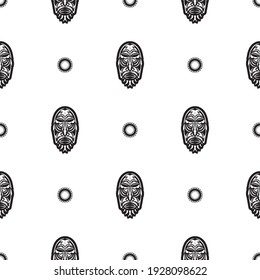 Seamless pattern with tiki face, mask or totem. Samoan style patterns. Good for prints, textiles and backgrounds. Isolated. Vector 