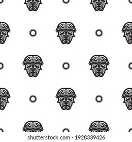 Seamless pattern with tiki face, mask or totem. Patterns in the style of Polynesia. Good for prints, textiles and backgrounds. Isolated. Vector illustration.