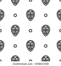 Seamless pattern with tiki face, mask or totem. Patterns in the style of Polynesia. Good for prints, textiles and backgrounds. Isolated. Vector illustration.
