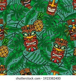 Seamless pattern with tiki idols and palm leaves. Design element for poster, card, banner, sign. Vector illustration