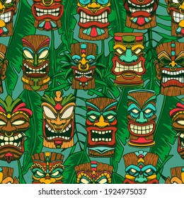 Seamless pattern with tiki idols and palm leaves. Design element for poster, card, banner, sign. Vector illustration