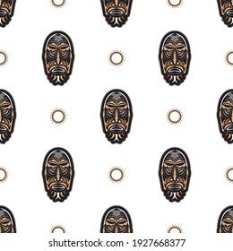 Seamless pattern with tiki mask in Maori style. Good for t-shirt prints, cups, phone cases. Isolated. Vector illustration.