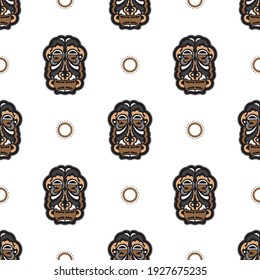 Seamless pattern with tiki mask on a white background. Good for t-shirt prints, cups, phone cases. Isolated. Vector 