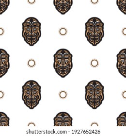 Seamless pattern with tiki mask in the Polynesian style. Good for t-shirt prints, cups, phone cases. Isolated. Vector illustration.
