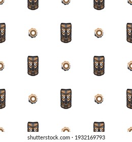 Seamless pattern with tiki mask in the Polynesian style. Good for backgrounds and textiles. Vector illustration