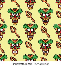 seamless pattern tiki mask and traditional hawaiian weapons