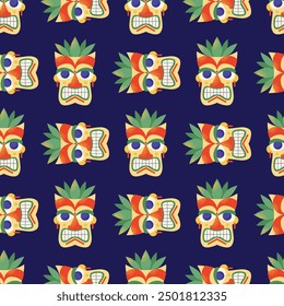 Seamless pattern with tiki masks. Cartoon ceremonial tiki totem masks, Wooden Totems, Ornamental Hawaiian Mask, African Mask Sculpture. Vector illustrations masks isolated on background